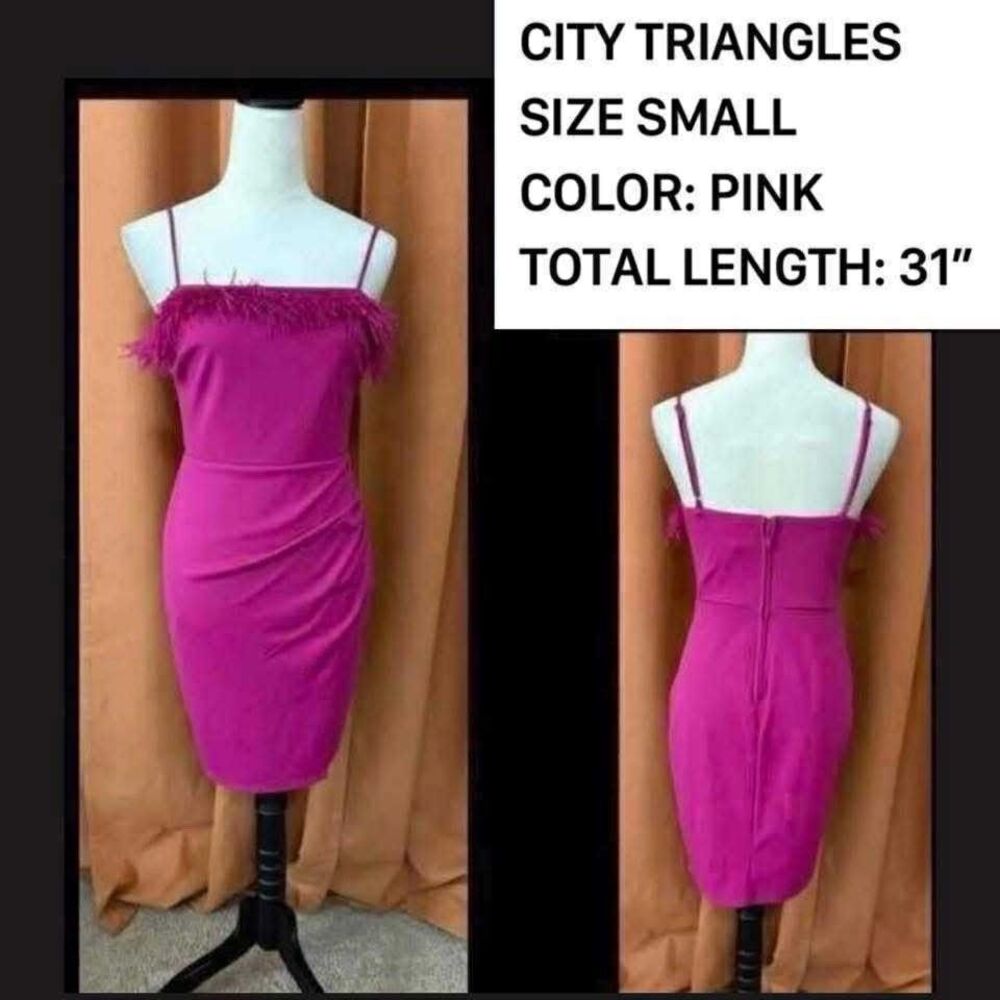 City Triangles Pink Fitted Dress With Feathers At Bustline Size 7